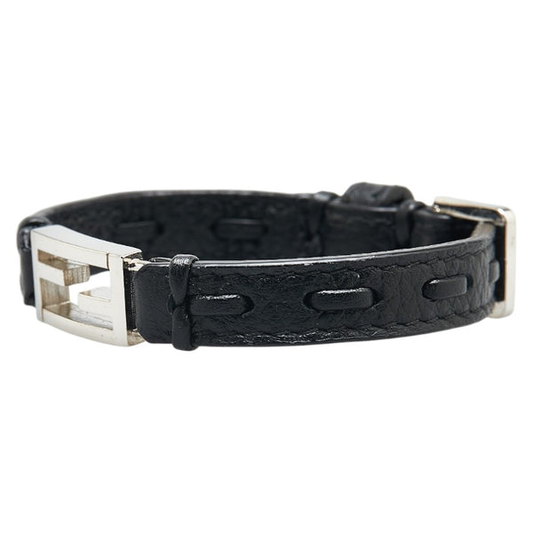 フェンディ FFロゴ バゲット ブレスレット ブラック シルバー レザー メタル レディース FENDI 【中古】
