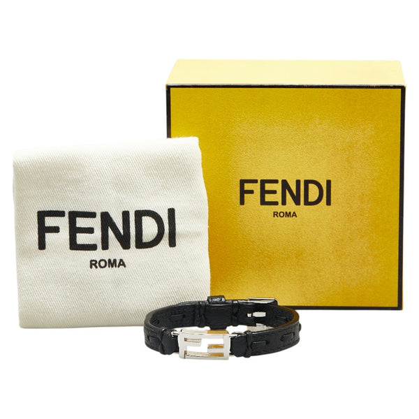 フェンディ FFロゴ バゲット ブレスレット ブラック シルバー レザー メタル レディース FENDI 【中古】