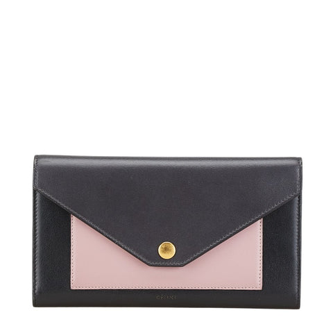 セリーヌ トライフォールデッド マルチファンクション 長財布 ブラック ピンク レザー レディース CELINE 【中古】