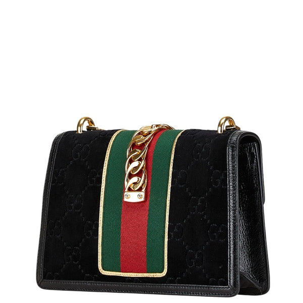 グッチ シェリーライン シルヴィ 斜め掛け ショルダーバッグ 524405 ブラック ベロア エナメル レディース GUCCI 【中古】