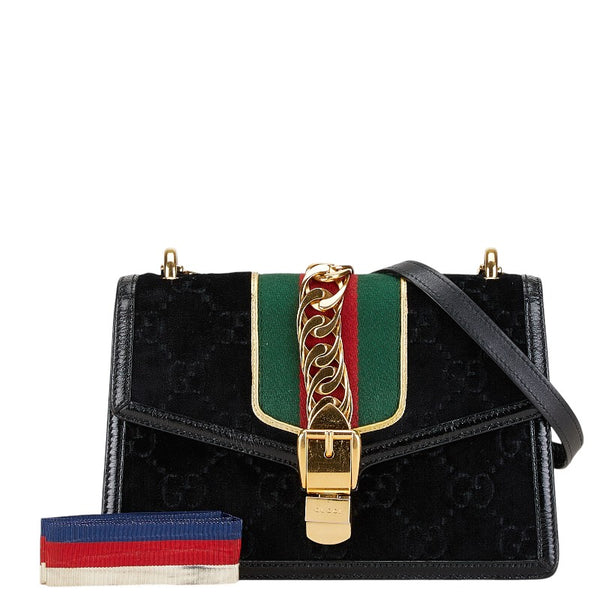 グッチ シェリーライン シルヴィ 斜め掛け ショルダーバッグ 524405 ブラック ベロア エナメル レディース GUCCI 【中古】