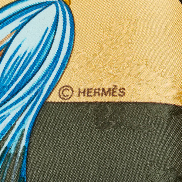 エルメス カレ90 Plumes et Grelots 羽飾りと鈴 スカーフ カーキ マルチカラー シルク レディース HERMES 【中古】