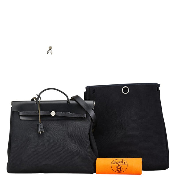 エルメス エールバッグMM ハンドバッグ ショルダーバッグ ブラック トワルオフィシエ ボックスカーフ レディース HERMES 【中古】
