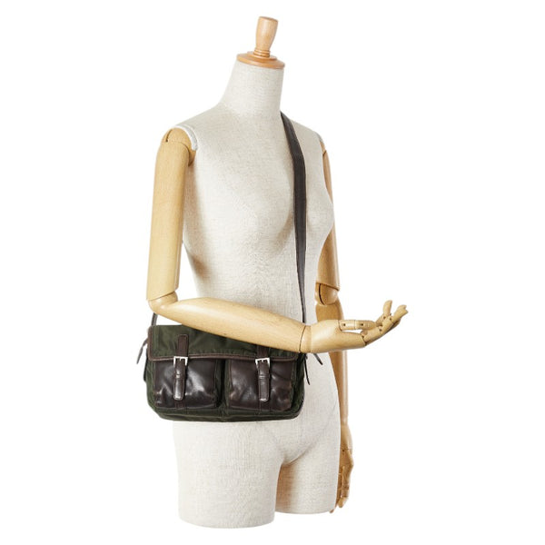 プラダ 三角ロゴプレート ショルダーバッグ メッセンジャーバッグ カーキ ブラウン ナイロン レザー レディース PRADA 【中古】