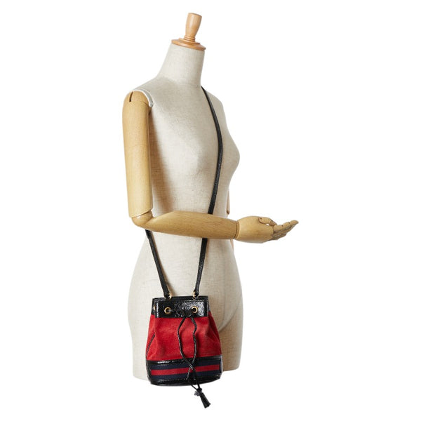 グッチ 巾着型 斜め掛け ショルダーバッグ 550620 レッド ブラック レザー スエード レディース GUCCI 【中古】