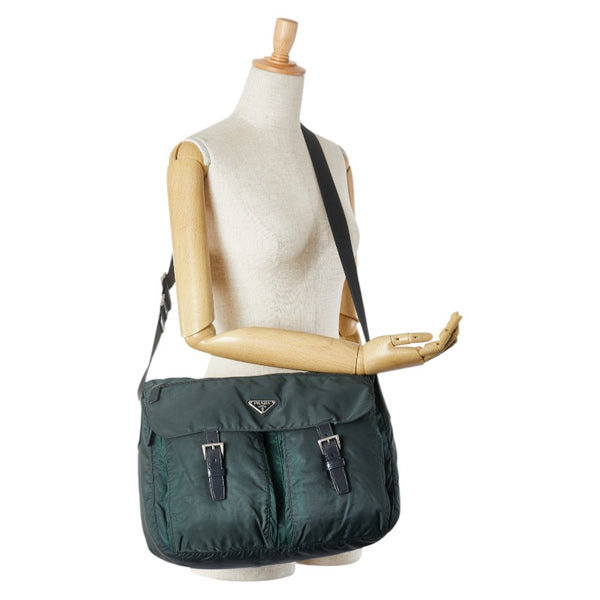 プラダ 三角ロゴプレート ショルダーバッグ カーキグリーン ナイロン レザー レディース PRADA 【中古】