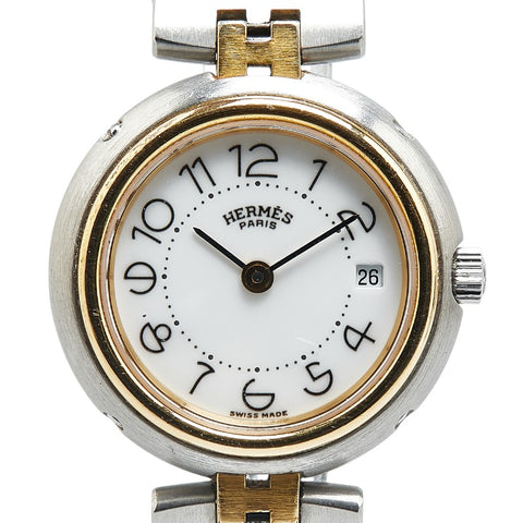 エルメス プロフィール 腕時計 クオーツ ホワイト文字盤 ステンレススチール メッキ レディース HERMES 【中古】