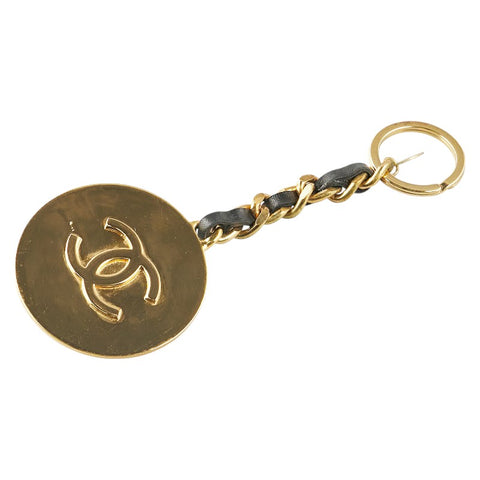 シャネル ココマーク ラウンド キーホルダー バッグチャーム ゴールド ブラック メッキ レザー レディース CHANEL 【中古】