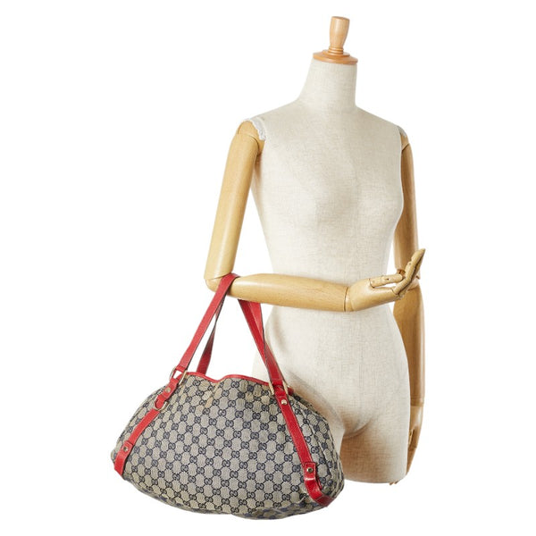 グッチ GGキャンバス ハンドバッグ ショルダーバッグ 130736 ベージュ ネイビー レッド キャンバス レザー レディース GUCCI 【中古】