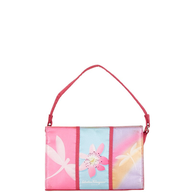 サルヴァトーレフェラガモ トンボ 花 フラワー ハンドバッグ ピンク マルチカラー サテン スエード レディース Salvatore Ferragamo 【中古】