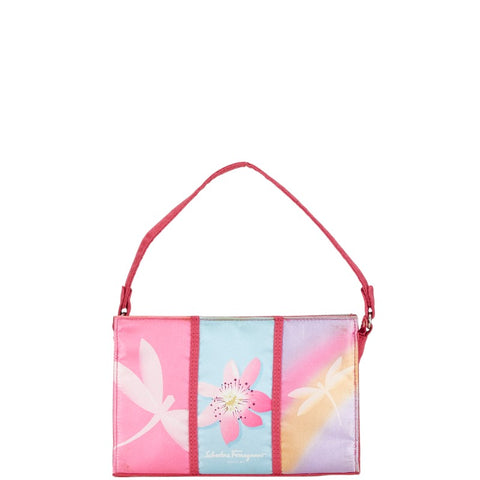 サルヴァトーレフェラガモ トンボ 花 フラワー ハンドバッグ ピンク マルチカラー サテン スエード レディース Salvatore Ferragamo 【中古】
