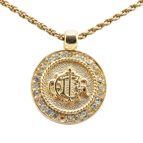 ディオール エンブレムロゴ ラウンド ラインストーン ネックレス ゴールド メッキ レディース Dior 【中古】