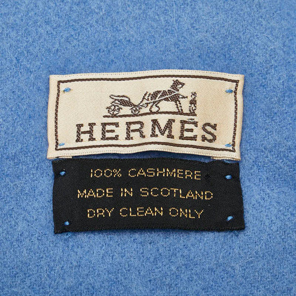 エルメス ロゴ刺繍 マフラー ブルー カシミヤ レディース HERMES 【中古】