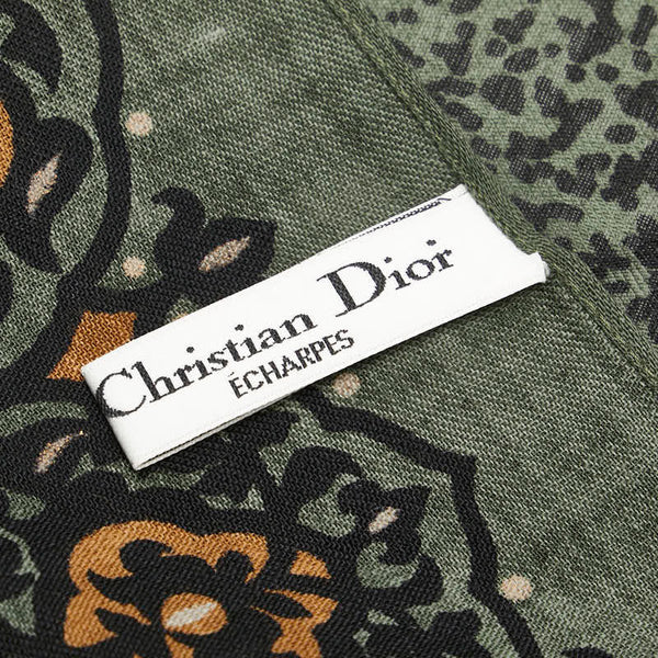 ディオール レオパード ヒョウ柄 スカーフ グリーン ブラック シルク レディース Dior 【中古】