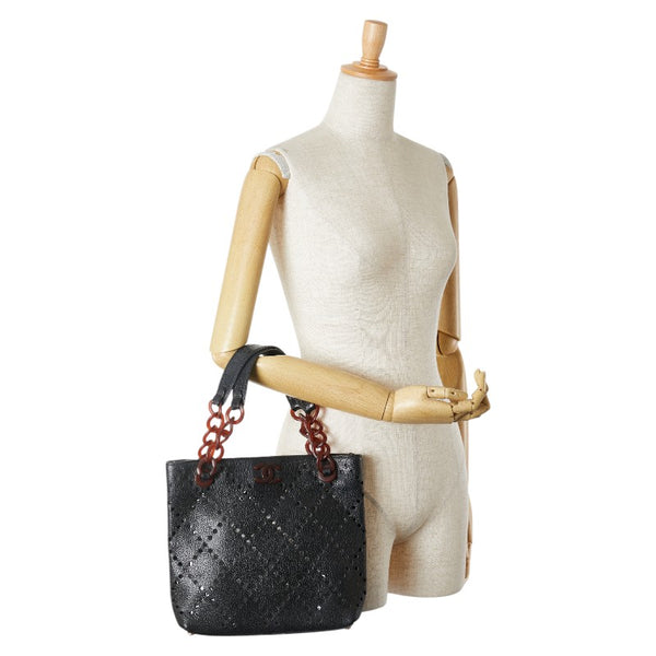 シャネル ココマーク パンチング チェーン ハンドバッグ ブラック キャビアスキン プラスチック レディース CHANEL 【中古】