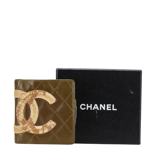 シャネル カンボンライン ココマーク パイソン型押し 二つ折り財布 カーキ ベージュ ラムスキン レディース CHANEL 【中古】