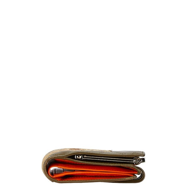 シャネル カンボンライン ココマーク パイソン型押し 二つ折り財布 カーキ ベージュ ラムスキン レディース CHANEL 【中古】