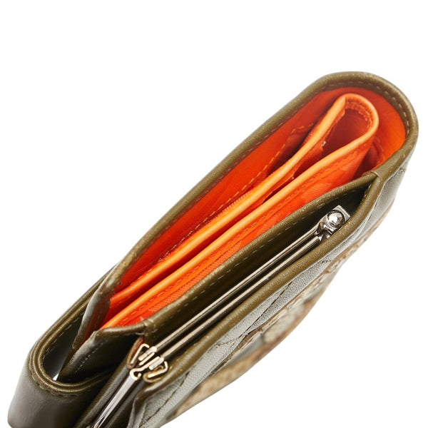 シャネル カンボンライン ココマーク パイソン型押し 二つ折り財布 カーキ ベージュ ラムスキン レディース CHANEL 【中古】