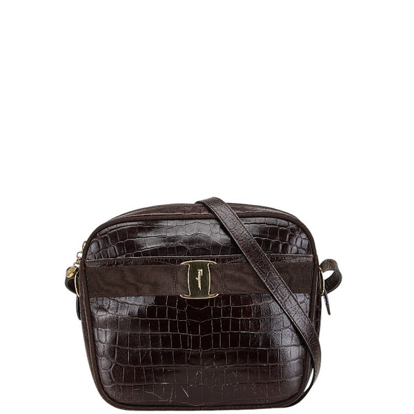 サルヴァトーレフェラガモ ヴァラリボン クロコ型押し 斜め掛け ショルダーバッグ AF-21 6677 ブラウン レザー レディース Salvatore Ferragamo 【中古】