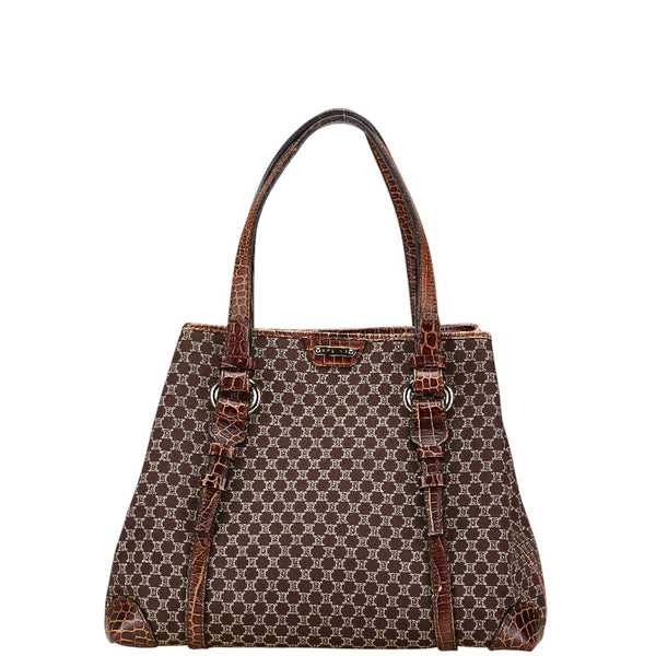 セリーヌ マカダム クロコ型押し ハンドバッグ トートバッグ ブラウン キャンバス レザー レディース CELINE 【中古】
