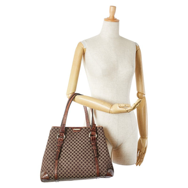 セリーヌ マカダム クロコ型押し ハンドバッグ トートバッグ ブラウン キャンバス レザー レディース CELINE 【中古】