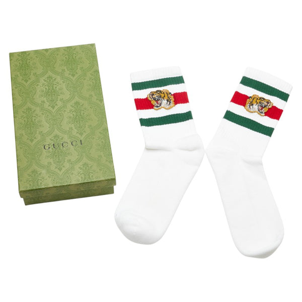 グッチ タイガー エンブロイダリー シェリーライン 靴下 ソックス ホワイト マルチカラー コットン レディース GUCCI 【中古】