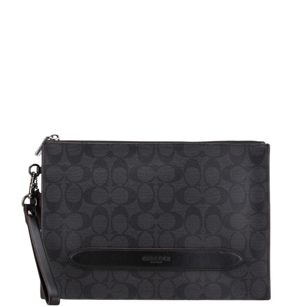 コーチ シグネチャー セカンドバッグ クラッチバッグ グレー ブラック PVC レザー メンズ COACH 【中古】