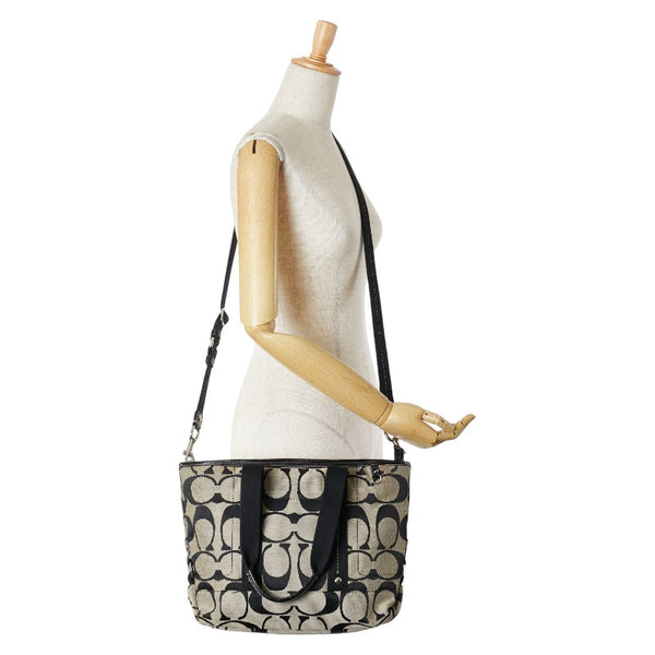 コーチ シグネチャー ハンドバッグ ショルダーバッグ 2WAY F18855 ブラック ベージュ キャンバス レザー レディース COACH 【中古】