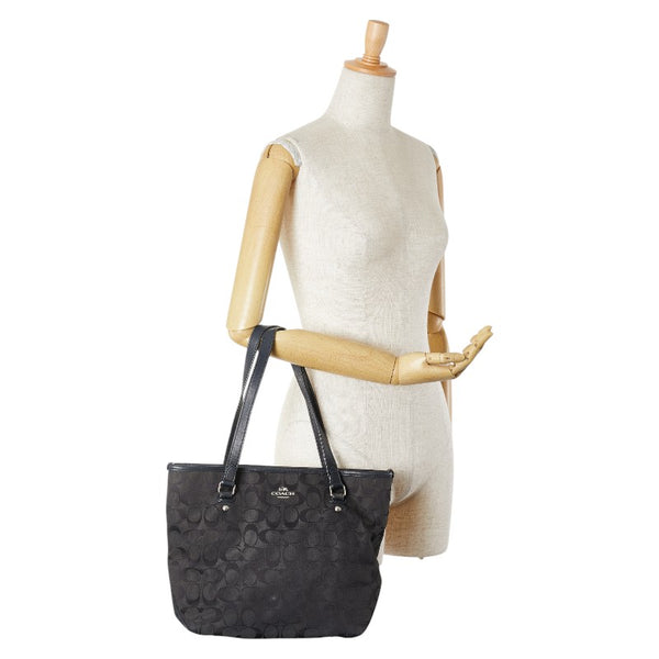 コーチ シグネチャー ハンドバッグ トートバッグ F36375 ブラック キャンバス レザー レディース COACH 【中古】