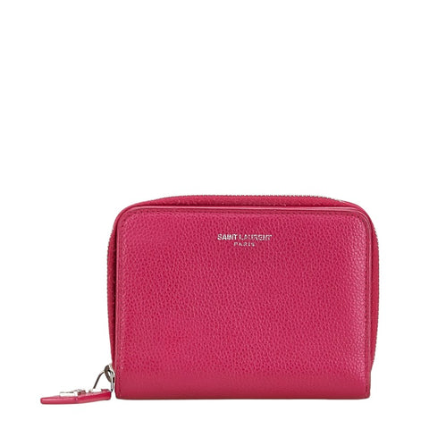 サンローラン YSLロゴ ラウンドファスナー 二つ折り財布 ピンク レザー レディース SAINT LAURENT 【中古】