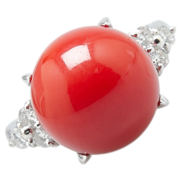 Pt900 プラチナ 赤サンゴ12.8mm ダイヤ0.31ct リング 指輪 レディース 8号 【中古】