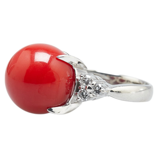 Pt900 プラチナ 赤サンゴ12.8mm ダイヤ0.31ct リング 指輪 レディース 8号 【中古】