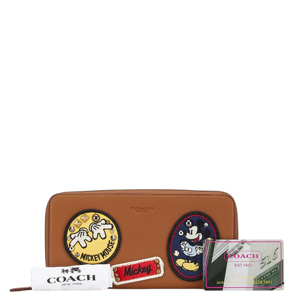 コーチ ×ディズニー ミッキーマウス パッチワーク アコーディオン ジップ 長財布 ラウンドファスナー F59340 ブラウン レザー レディース COACH 【中古】