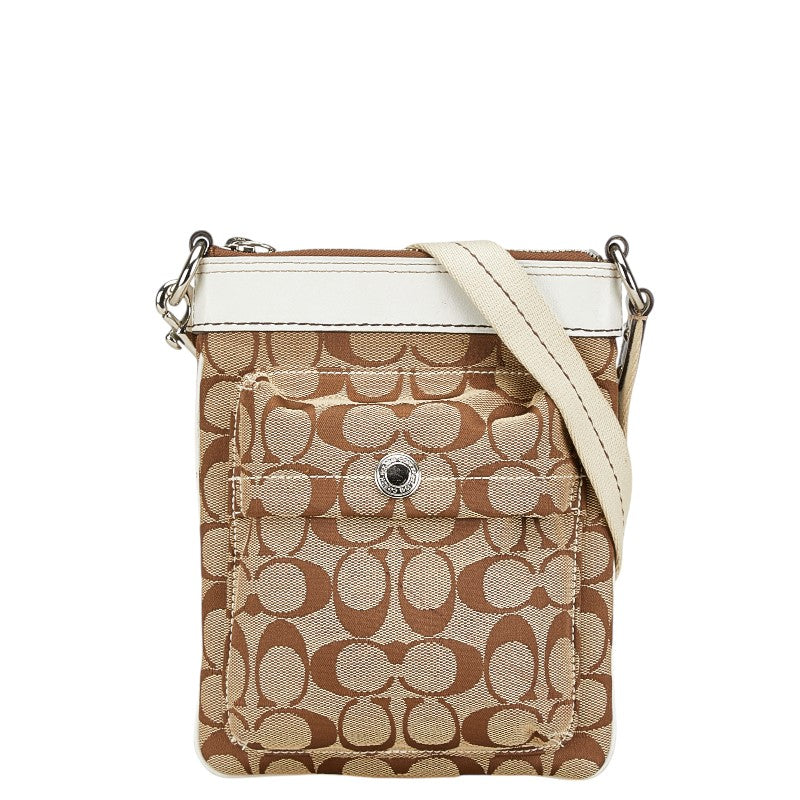 コーチ シグネチャー ショルダーバッグ ブラウン ホワイト キャンバス レザー レディース COACH 【中古】