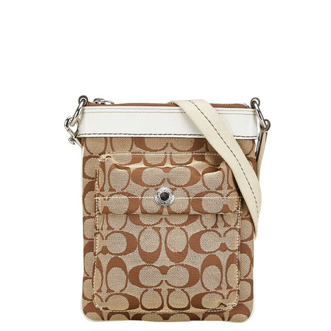 コーチ シグネチャー ショルダーバッグ ブラウン ホワイト キャンバス レザー レディース COACH 【中古】