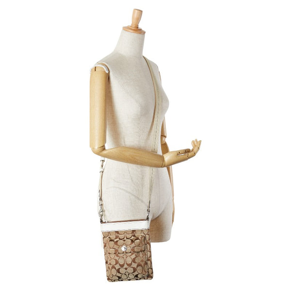 コーチ シグネチャー ショルダーバッグ ブラウン ホワイト キャンバス レザー レディース COACH 【中古】