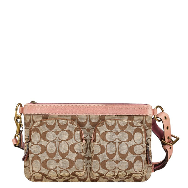 コーチ シグネチャー ショルダーバッグ ブラウン ピンク キャンバス レザー レディース COACH 【中古】