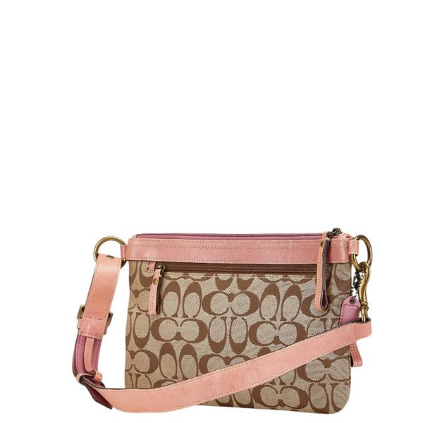 コーチ シグネチャー ショルダーバッグ ブラウン ピンク キャンバス レザー レディース COACH 【中古】