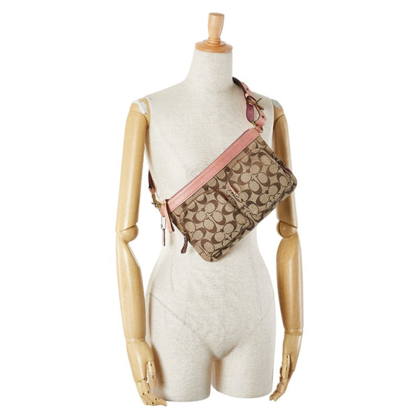 コーチ シグネチャー ショルダーバッグ ブラウン ピンク キャンバス レザー レディース COACH 【中古】