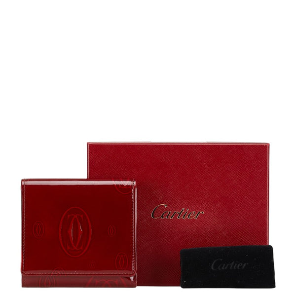 カルティエ ハッピーバースデー 三つ折り財布 ワインレッド ボルドー エナメル レディース CARTIER 【中古】