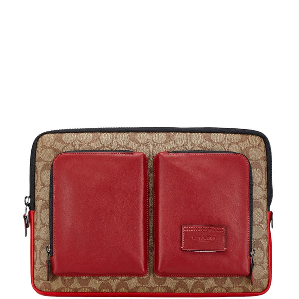 コーチ シグネチャー クラッチバッグ パソコンケース ベージュ レッド PVC レザー レディース COACH 【中古】