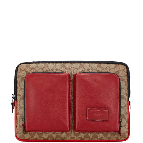 コーチ シグネチャー クラッチバッグ パソコンケース ベージュ レッド PVC レザー レディース COACH 【中古】