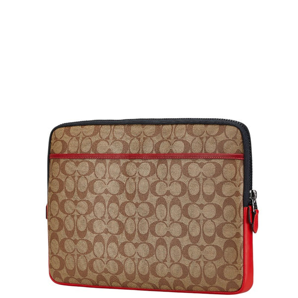 コーチ シグネチャー クラッチバッグ パソコンケース ベージュ レッド PVC レザー レディース COACH 【中古】