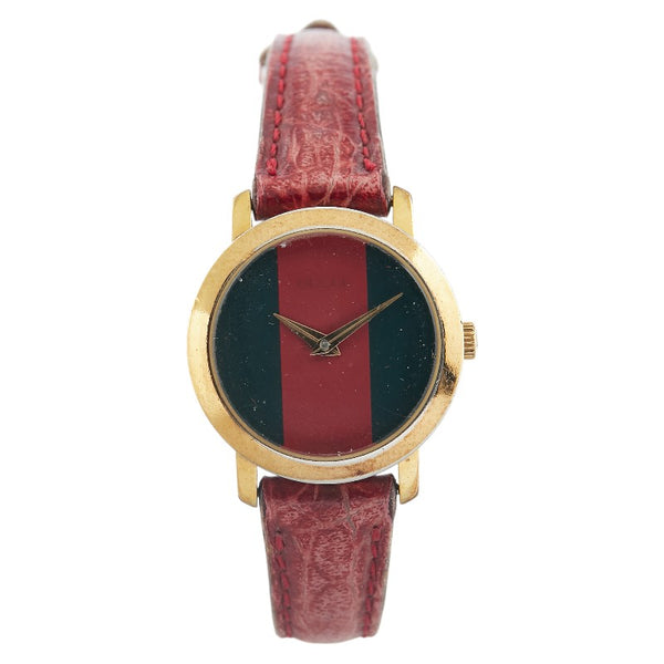 グッチ シェリーライン ベルト（社外品） 腕時計 2200L クオーツ グリーン文字盤 ステンレススチール レザー レディース GUCCI 【中古】