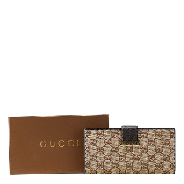 グッチ GGキャンバス 二つ折り財布 212089 ベージュ ブラウン キャンバス レザー レディース GUCCI 【中古】