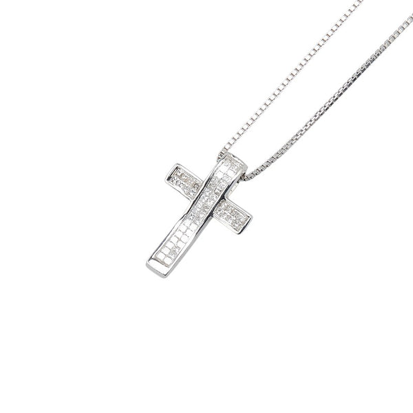 K18WG ホワイトゴールド ダイヤ0.50ct クロス 十字架 モチーフ ペンダントネックレス レディース 【中古】