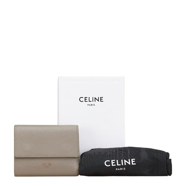 セリーヌ スモール トリフォールド ウォレット 三つ折り財布 コンパクトウォレット グレージュ レザー レディース CELINE 【中古】