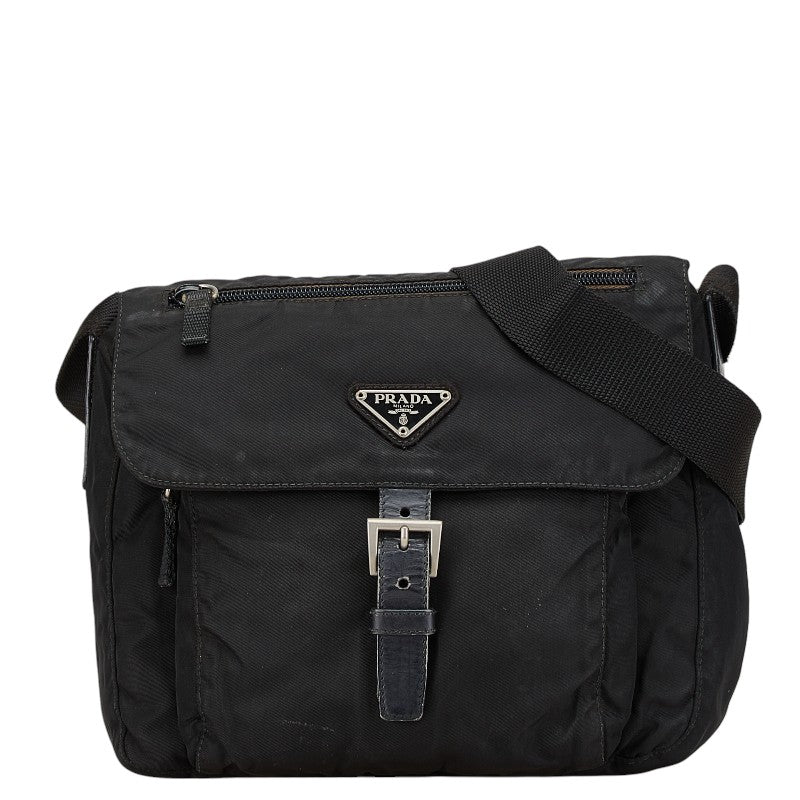 プラダ 三角ロゴプレート ショルダーバッグ ブラック ナイロン レザー レディース PRADA 【中古】