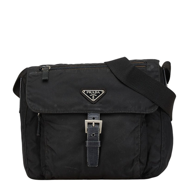 プラダ 三角ロゴプレート ショルダーバッグ ブラック ナイロン レザー レディース PRADA 【中古】
