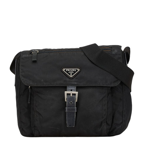 プラダ 三角ロゴプレート ショルダーバッグ ブラック ナイロン レザー レディース PRADA 【中古】